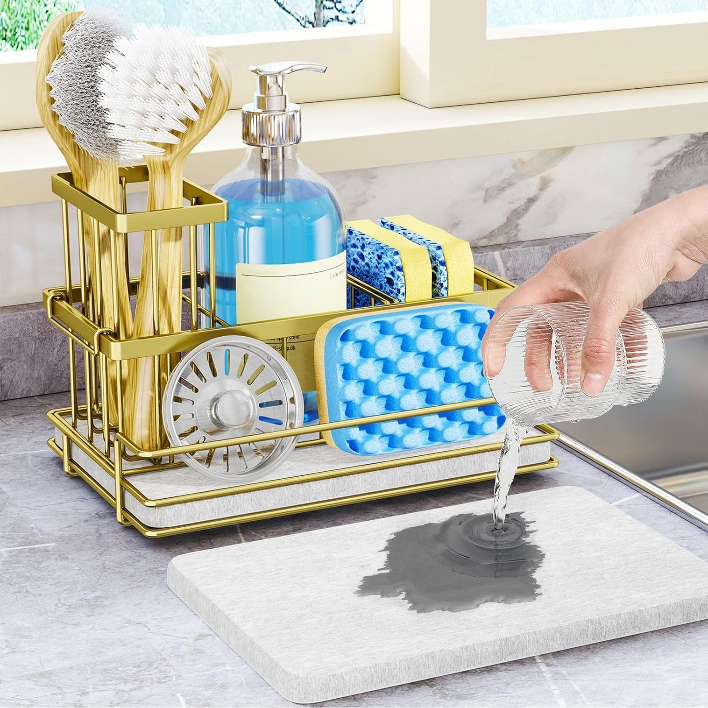 Organiz. fregadero acero inox con piedra secado