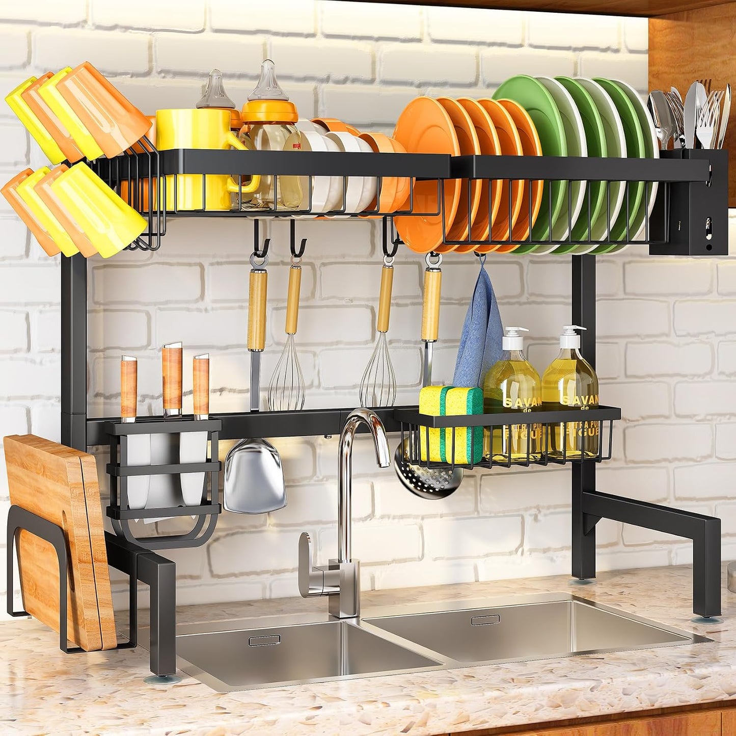 Estante secado platos encimera cocina metal negro ajustable