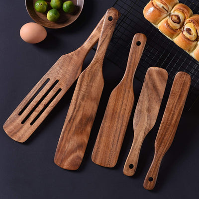 Set 5 cucharas madera teca espátula cocina