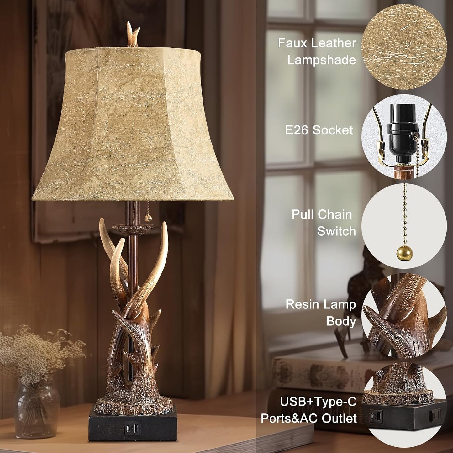 2 Pzas Lámpara Mesa Antler USB AC Estilo Ciervo Cuero
