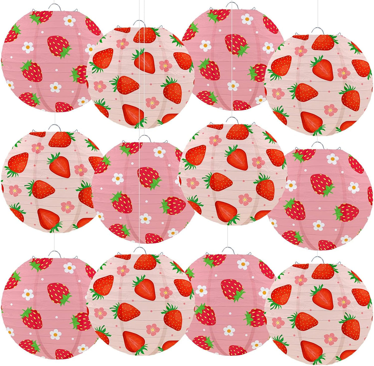 12 Faroles Colgantes Fresas Rojas y Rosadas 10pulg