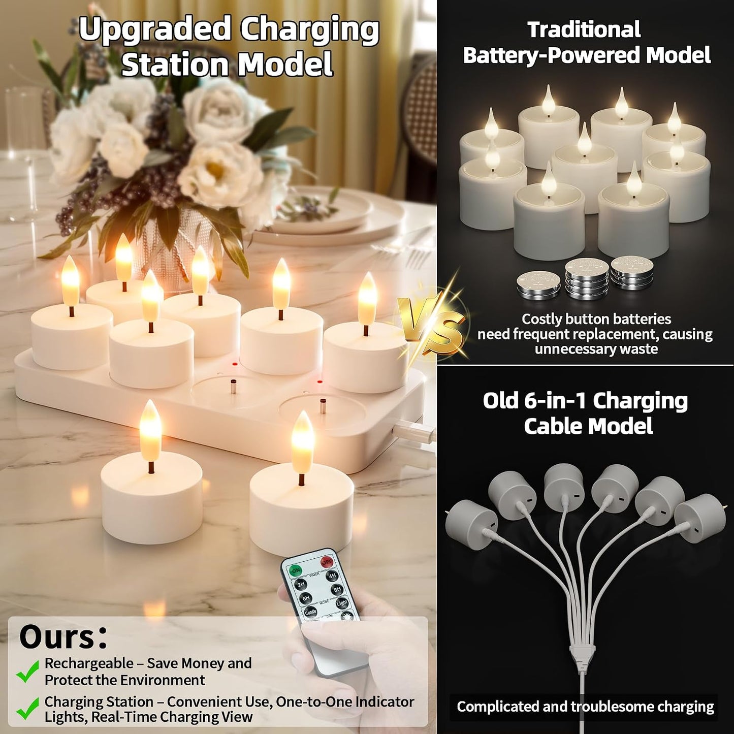 Velas té recargables con estación carga 8uds led decoración