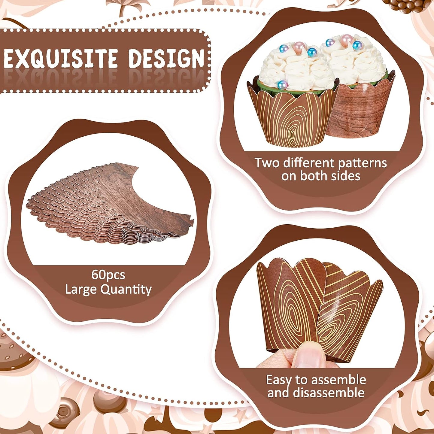 60 Envoltorios Madera Cupcakes Rústicos para Baby Shower y Fiesta
