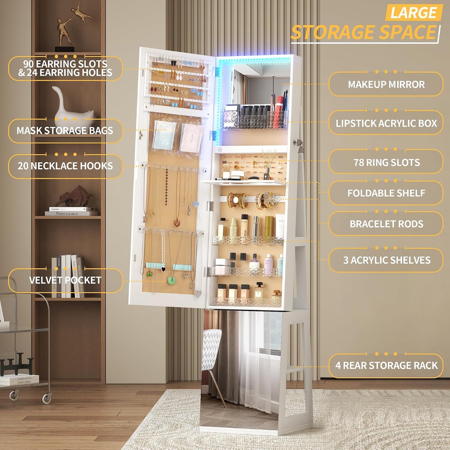 Armario joyería giratorio 360° luces 63pulg blanco con