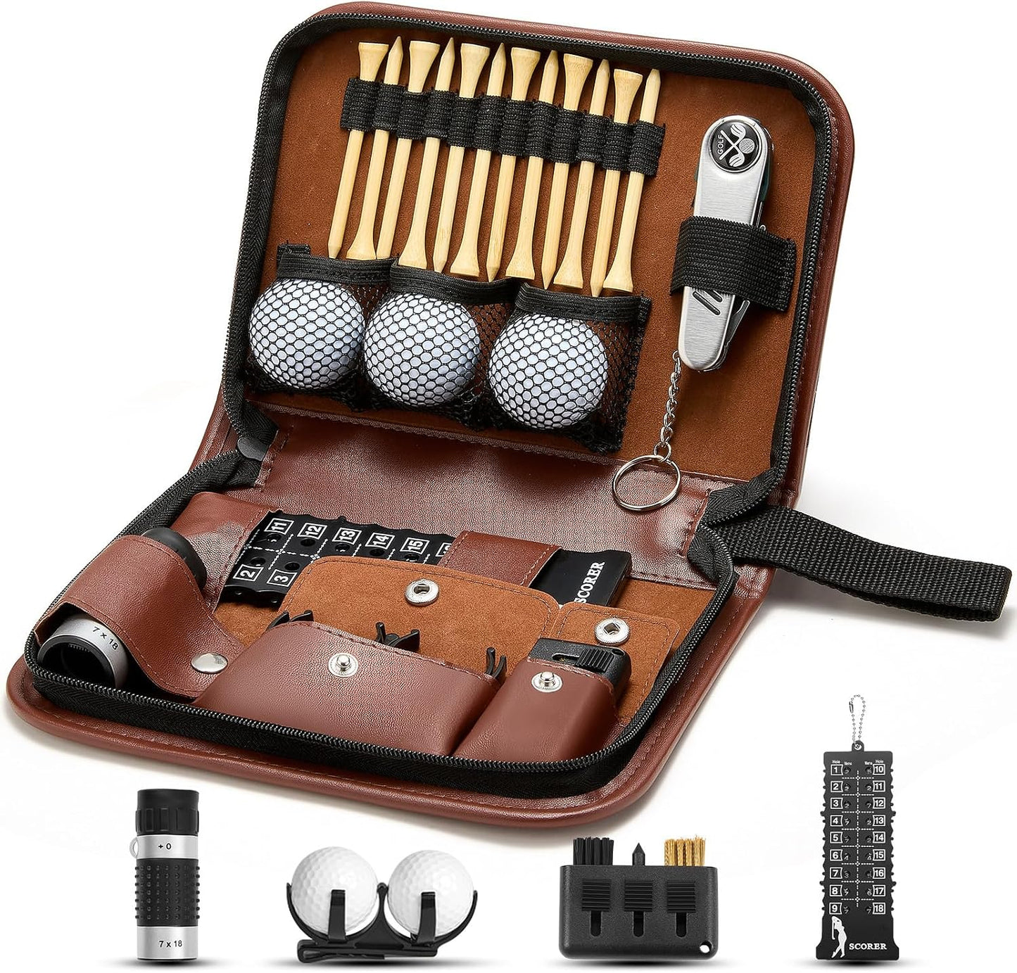 Set Accesorios Golf Funda PU Bolas Palos y Medidor
