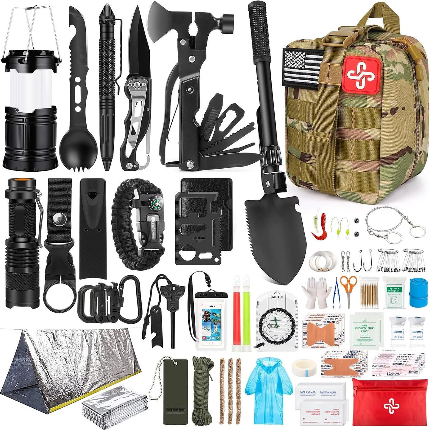 Kit supervivencia 250 pzas con bolsa Molle y tienda