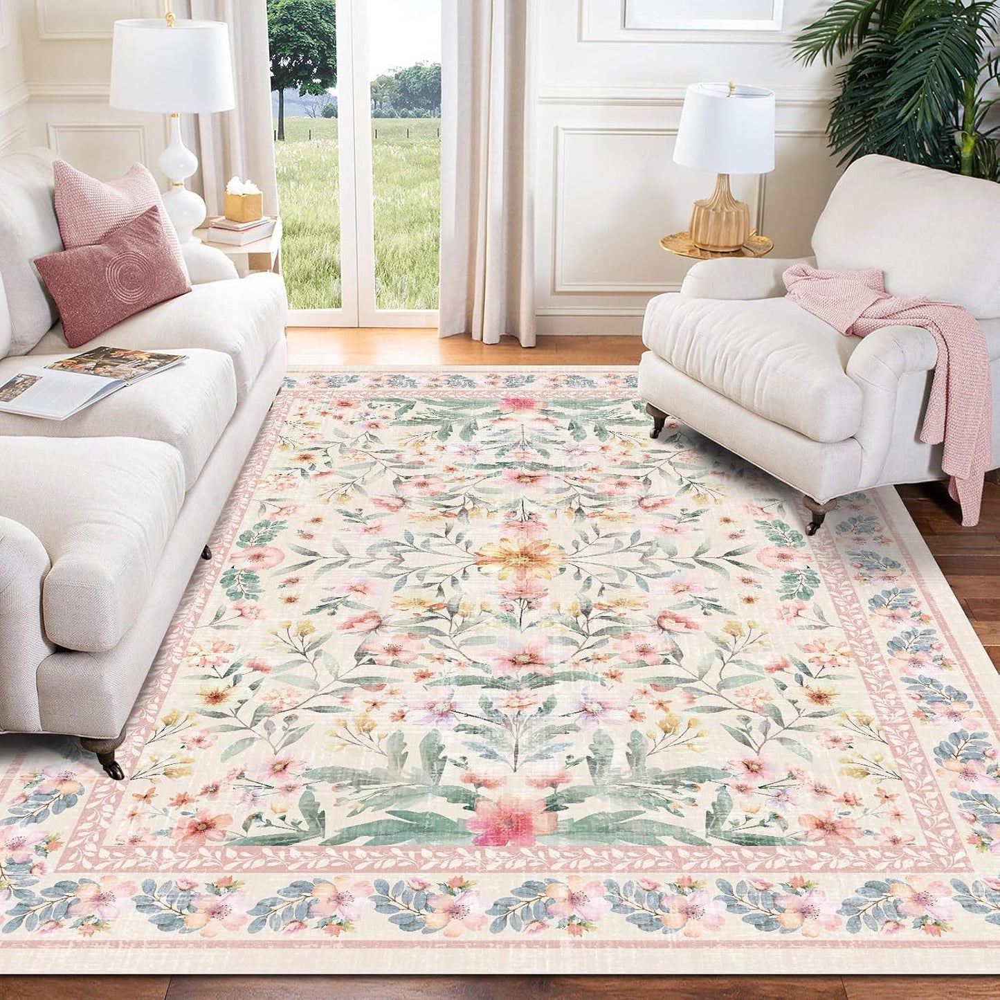 Alfombra bohemia 3x5ft color rosa beige antiderrap