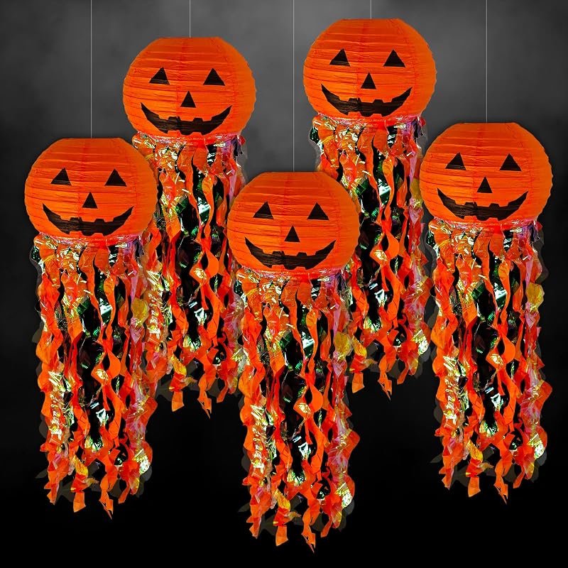 Faroles papel calabaza naranja y negro para fiestas 5uds