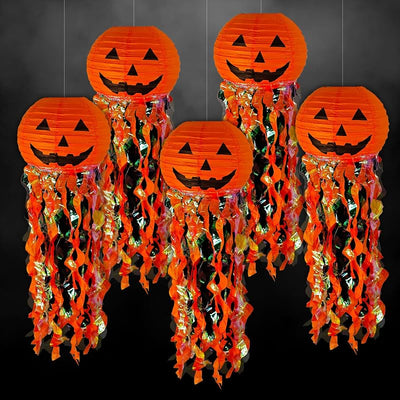 Faroles papel calabaza naranja y negro para fiestas 5uds