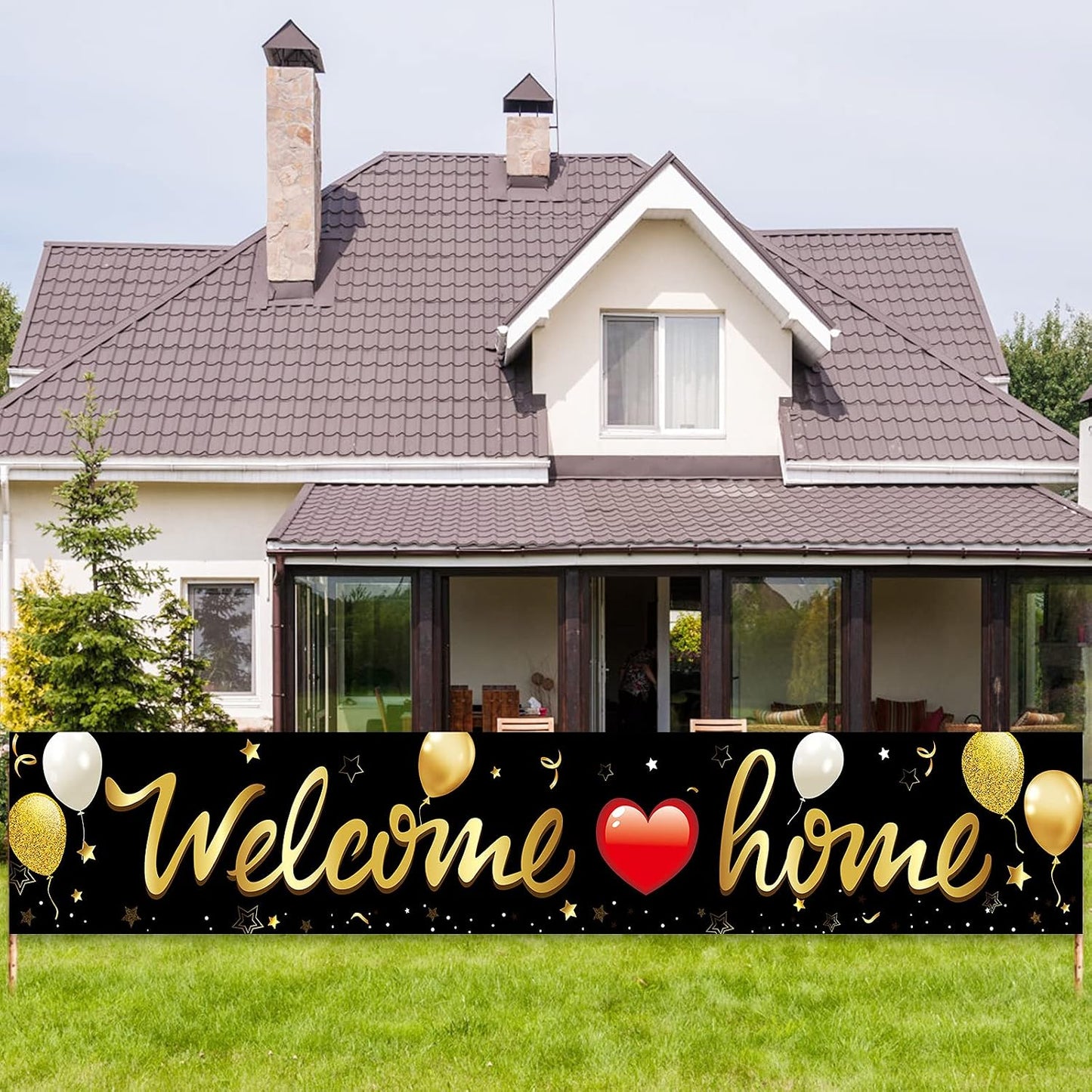 Pancarta Bienvenida a Casa Negro Dorado para Exterior