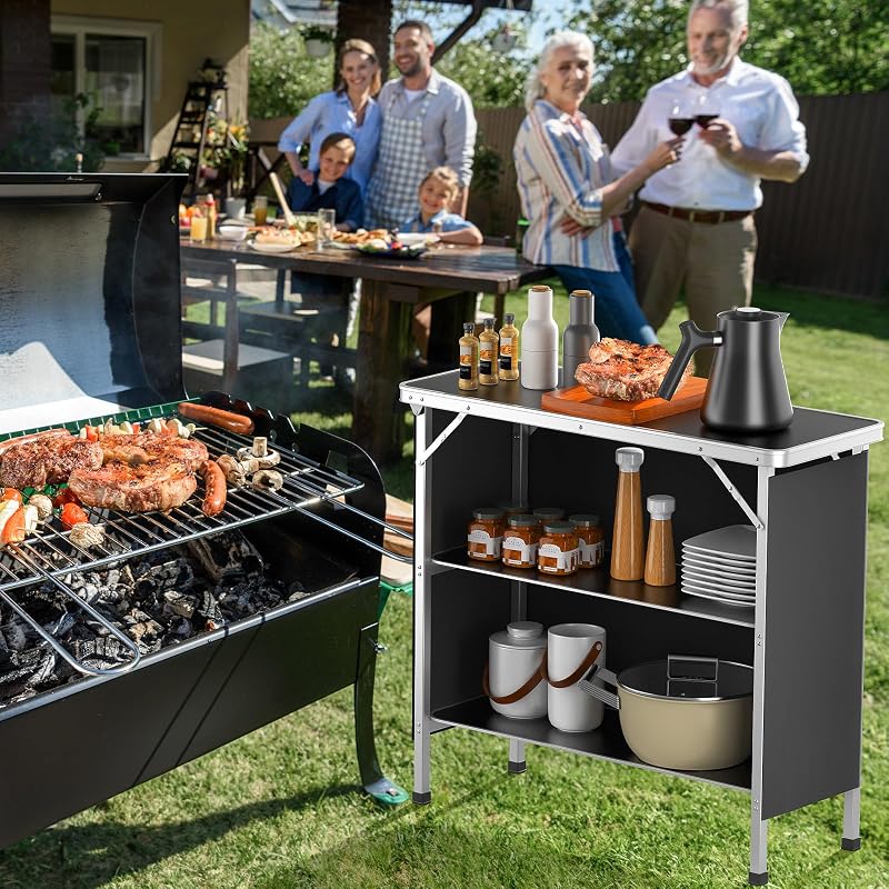 Mesa plegable aluminio 39x34pulg 2 estantes tela Oxford