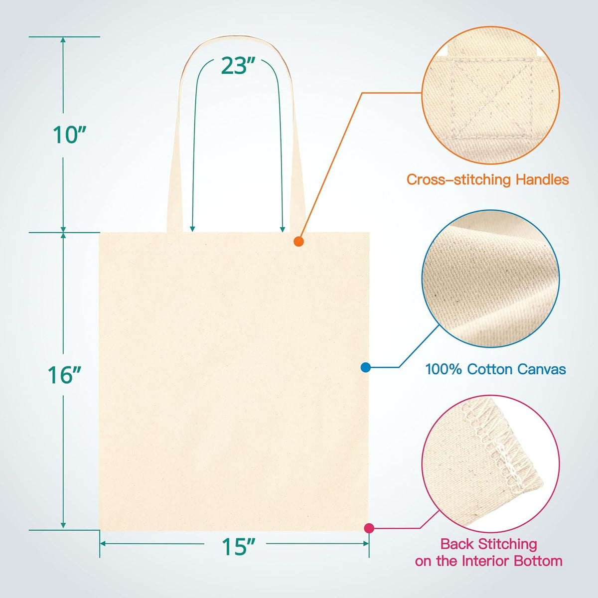 Bolsas lona 15x16pulg 100% algodón reutilizables con asas