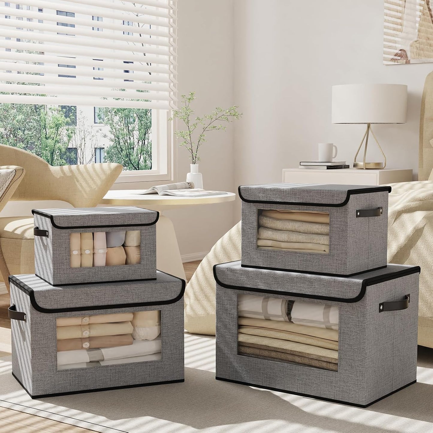 Cajas tela con tapas 15x9.8" gris set 5