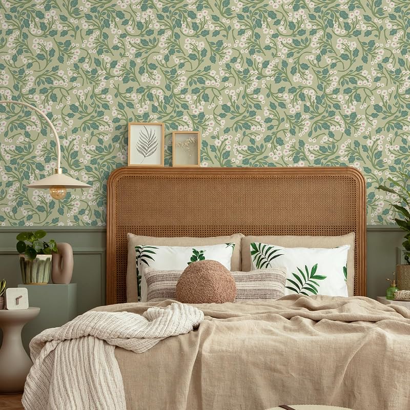 Papel tapiz floral verde vintage 17.7x354" autoadhesivo