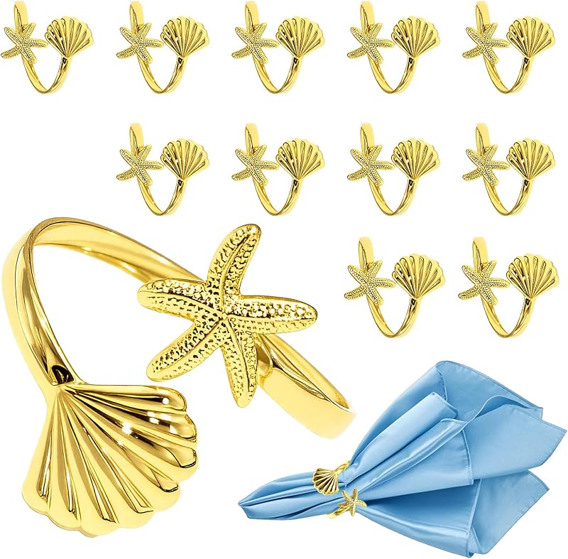 Set 12 servilleteros concha estrella mar dorado