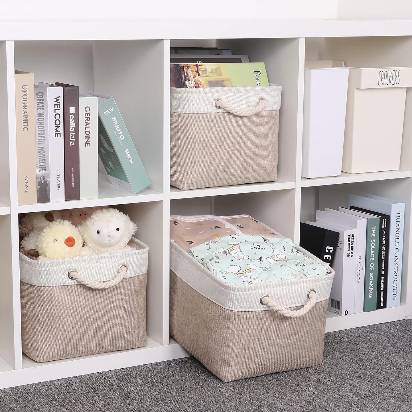 3 Pzas Cestas Tela Asas 15x11" Plegables Blanco Beige