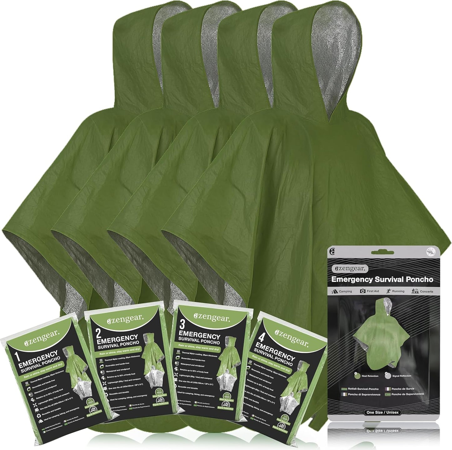 Poncho supervivencia Mylar térmico reversible 4 pzas verde