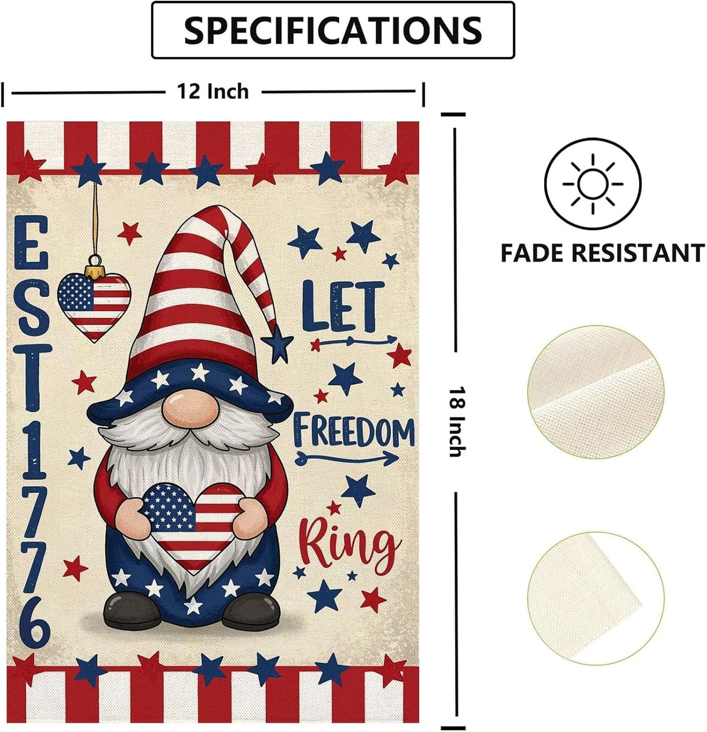 Bandera patriótica gnomo 12x18pulg doble cara 4 de julio