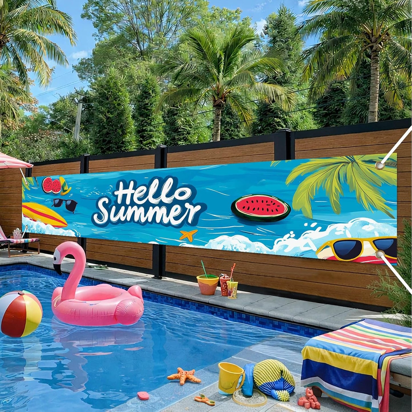 Cartel Hello Summer 118x20" decoración fiesta piscina playa