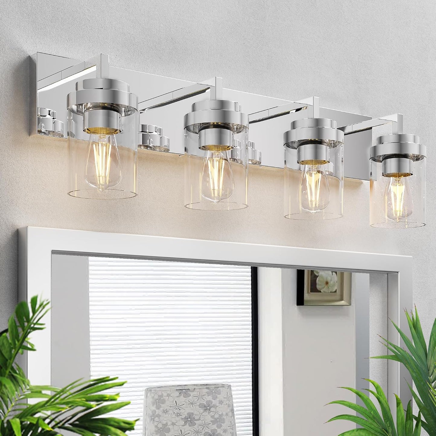 Lámpara baño 4 luces vidrio transparente 30pulg moderna