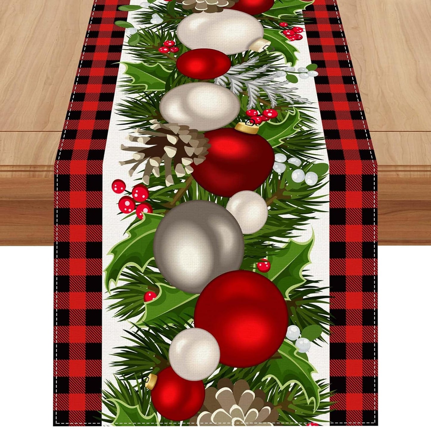Mesa navidad lino cuadros búfalo rojo y negro 108pulg estilo granja