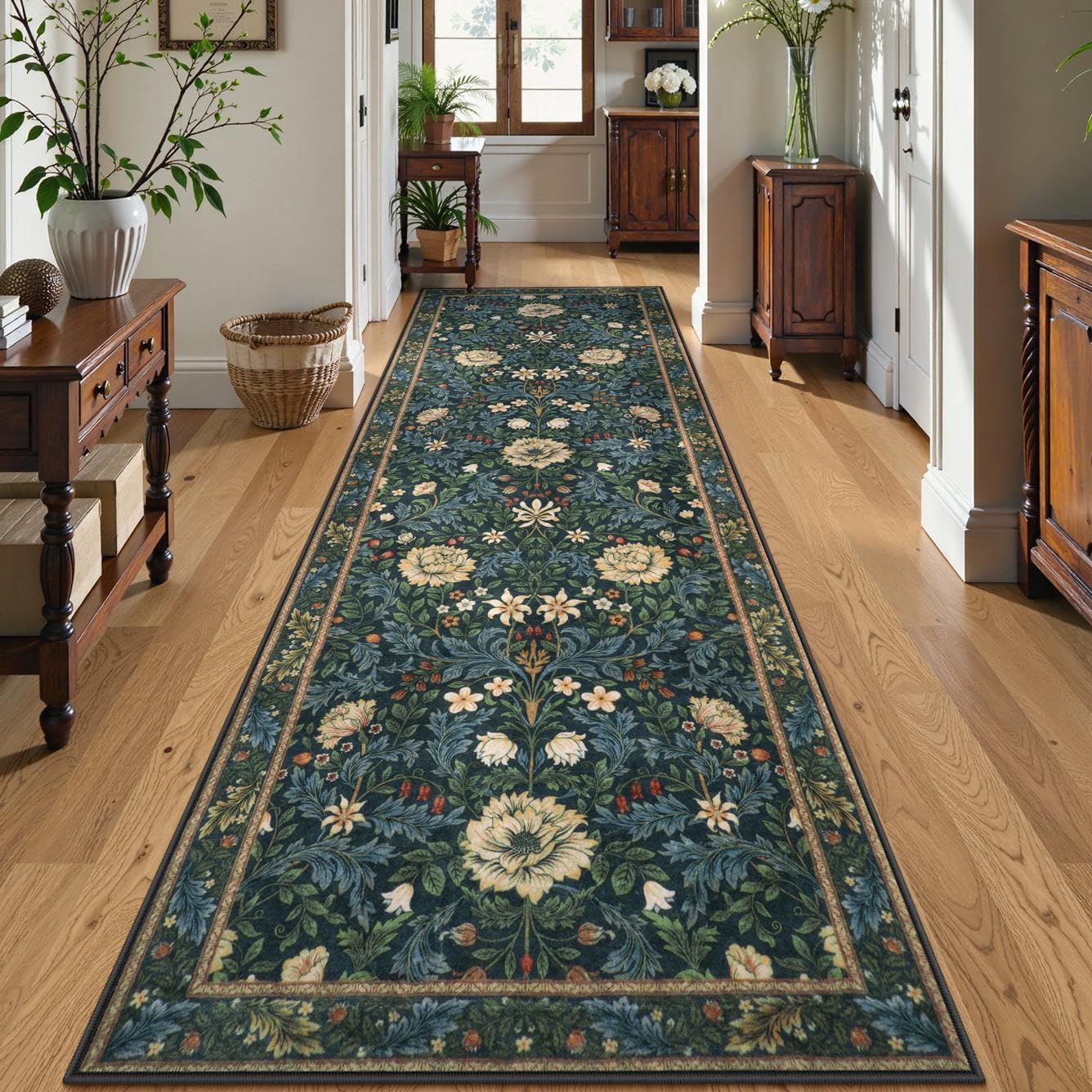 Alfombra lavable pasillo 2'8x8' retro floral suave boho