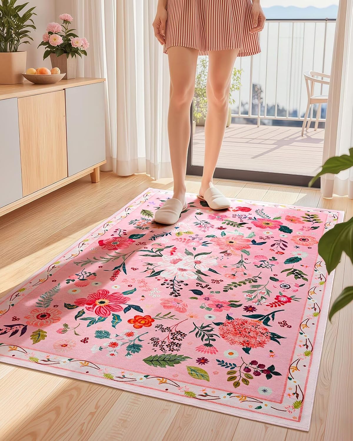 Alfombra floral rosa dormitorio niña 3x5 antiderrap