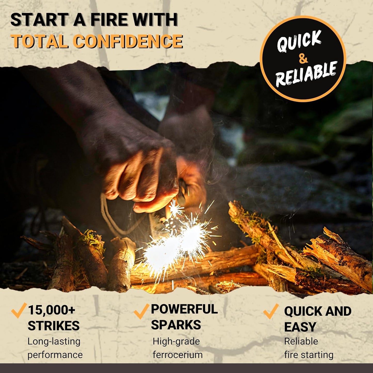 Kit iniciación fuego Ferro Rod palo yesca acero