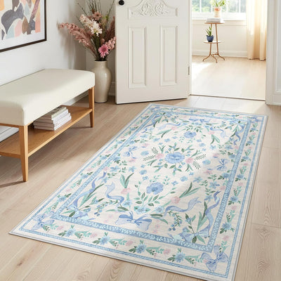 Alfombra floral azul para dormitorio niños antideslizante lavable