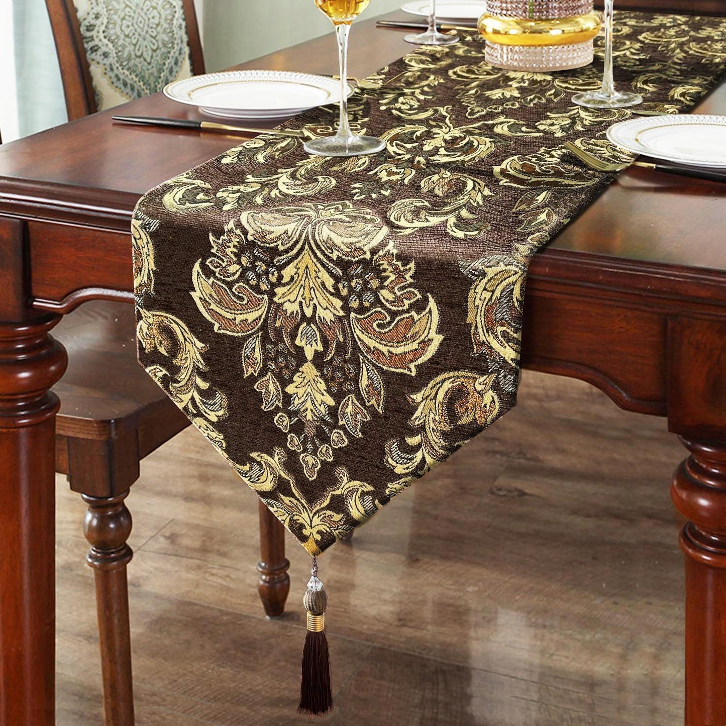 Camino mesa café chenille flores doradas retro 98pulg