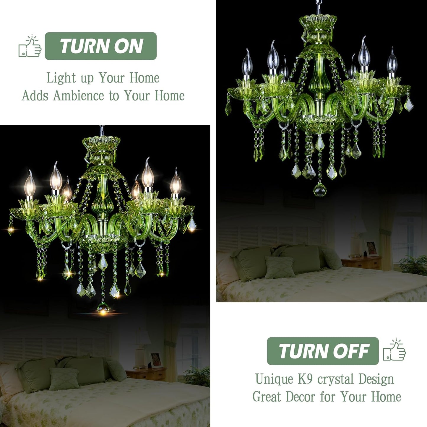 Lámpara colgante de 6 luces cristal K9 verde tipo vela
