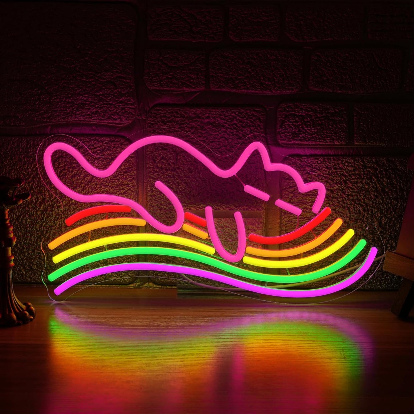 Letrero neón gato arcoíris USB luz LED decoración dormitorio