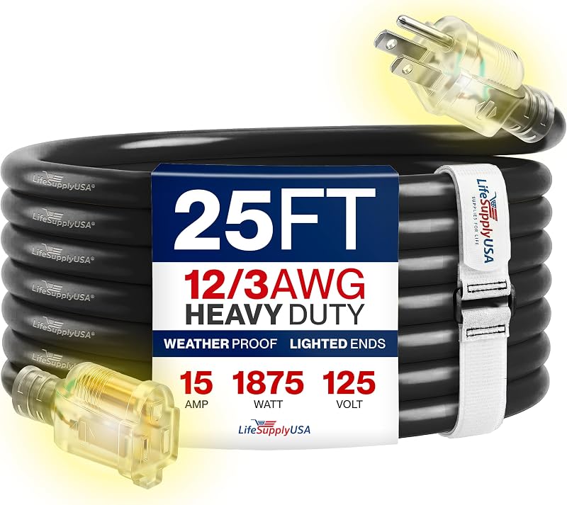 Cable extensión 25ft 12/3 calibre SJTW impermeable negro