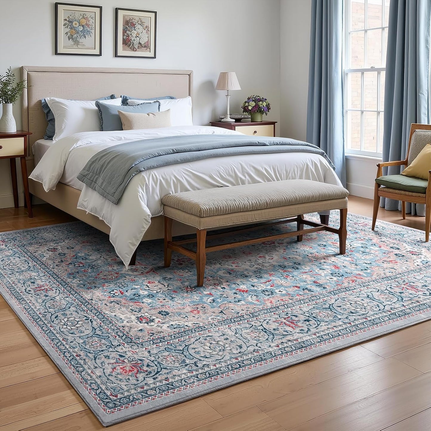 Alfombra 5x7 azul boho vintage antiderrap dormitorio