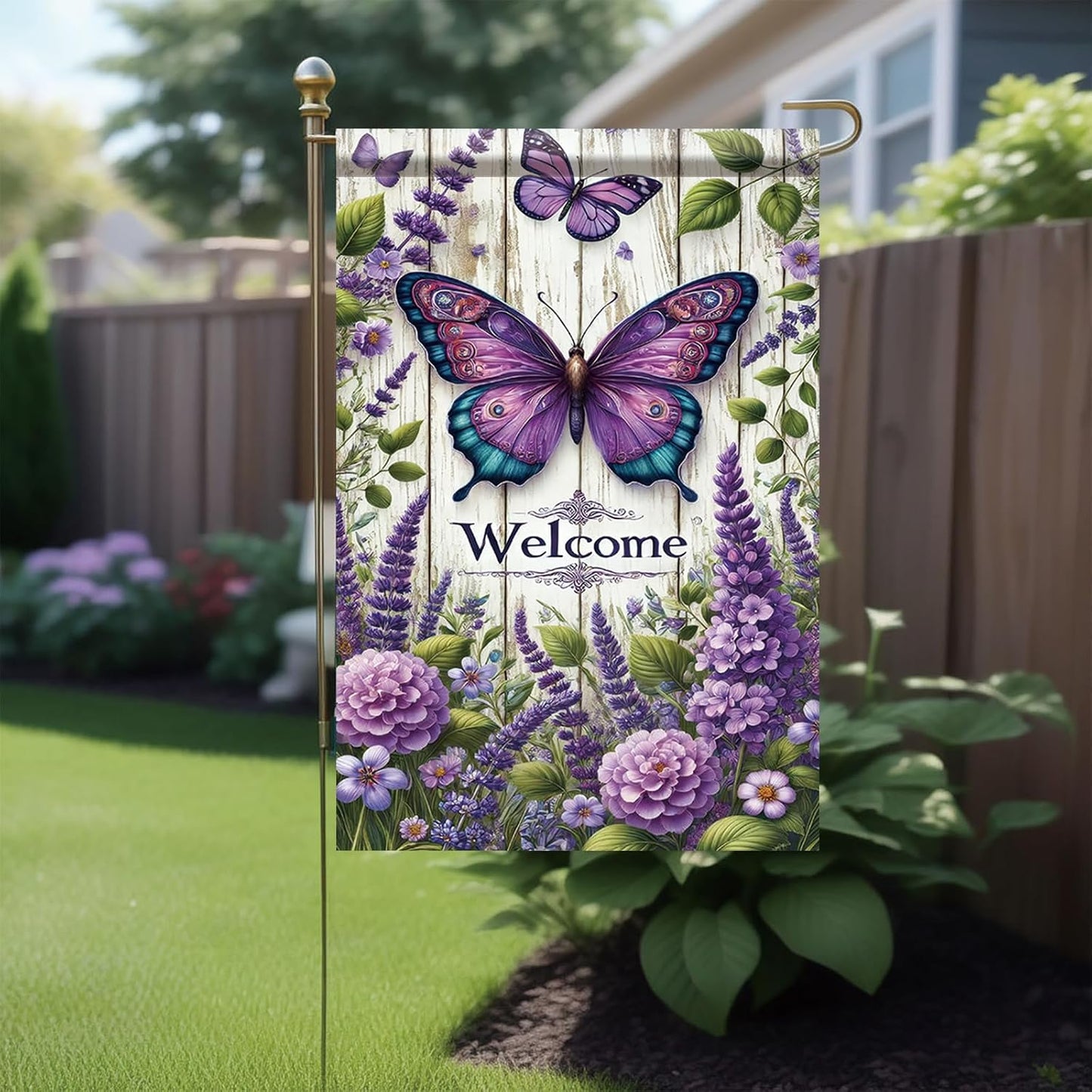 Banderas jardín mariposas moradas 12x18" doble cara
