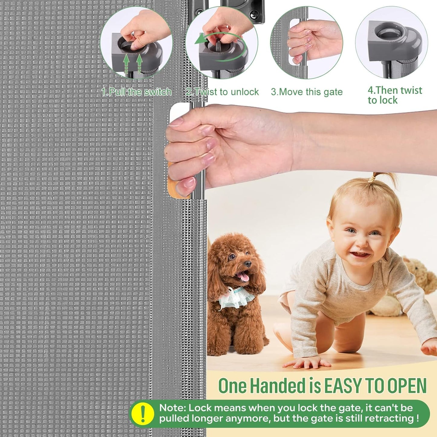 Puerta retráctil para bebé y mascotas 33pulg alto 55pulg ancho