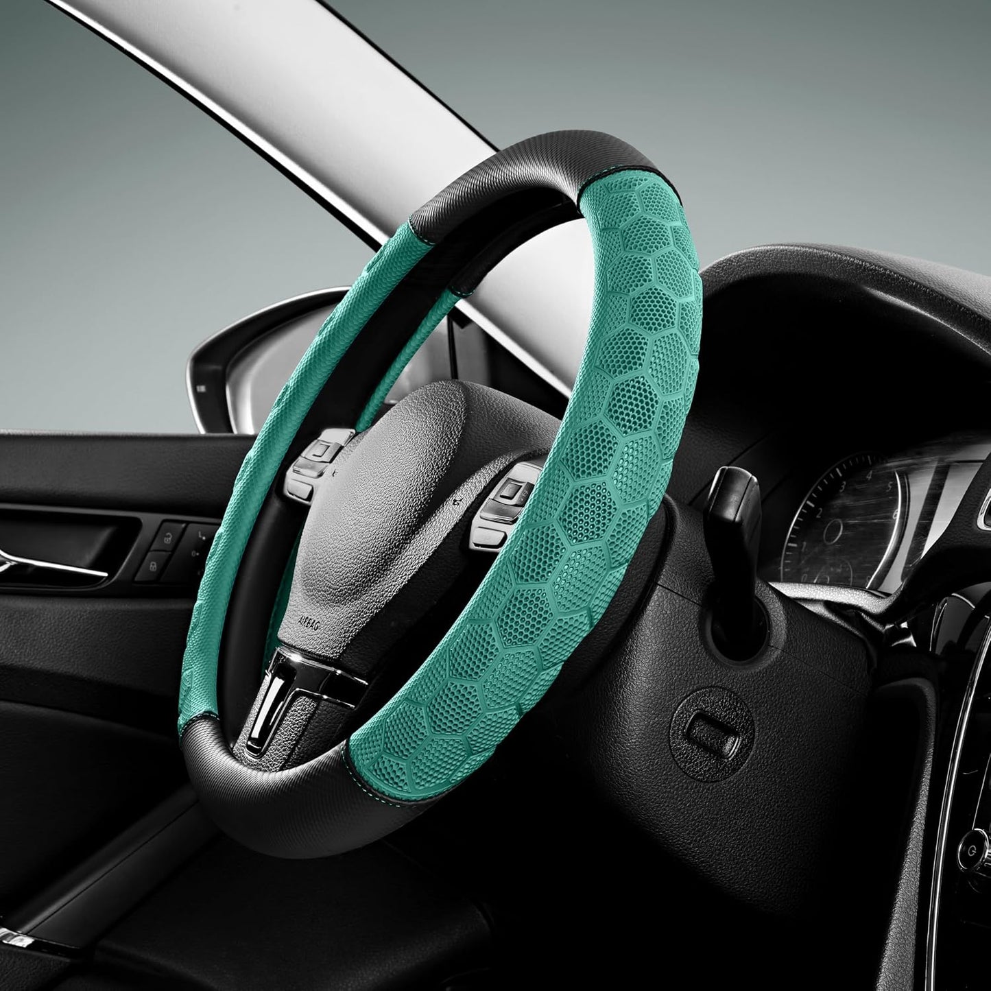 Funda volante cuero patrón fútbol menta 14.5-15.5