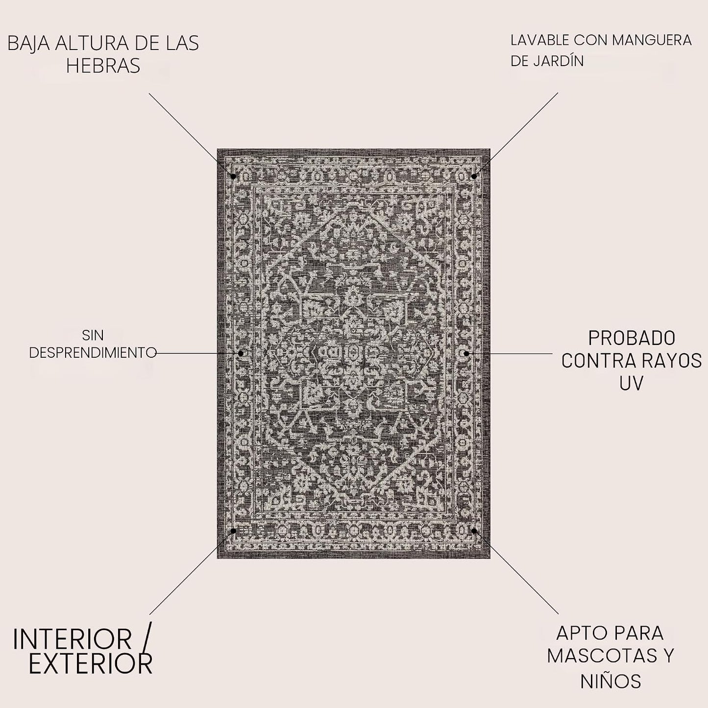 Alfombra boho medallón 8x10 negra/gris texturizada