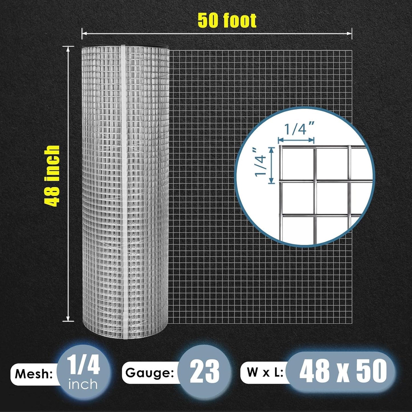 Malla alambre 1/4pulg 48x50ft calibre 23 galvanizado
