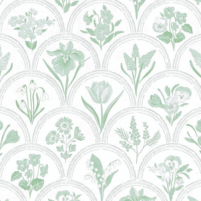 Papel tapiz autoadhesivo floral blanco y verde 16.9x118.1pulg