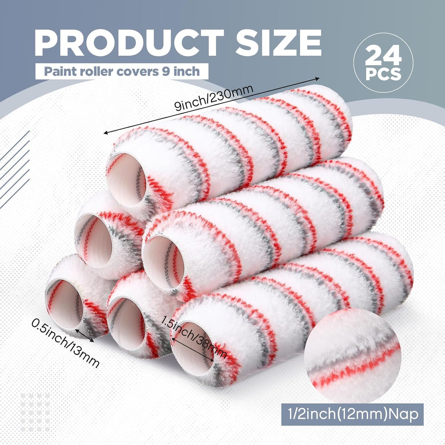 24 Fundas Rodillo Pintura 9x1/2pulg Microfibra