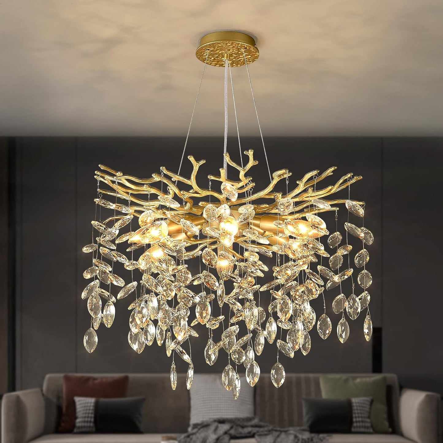 Candelabro cristal dorado 18pulg 6 luces sala