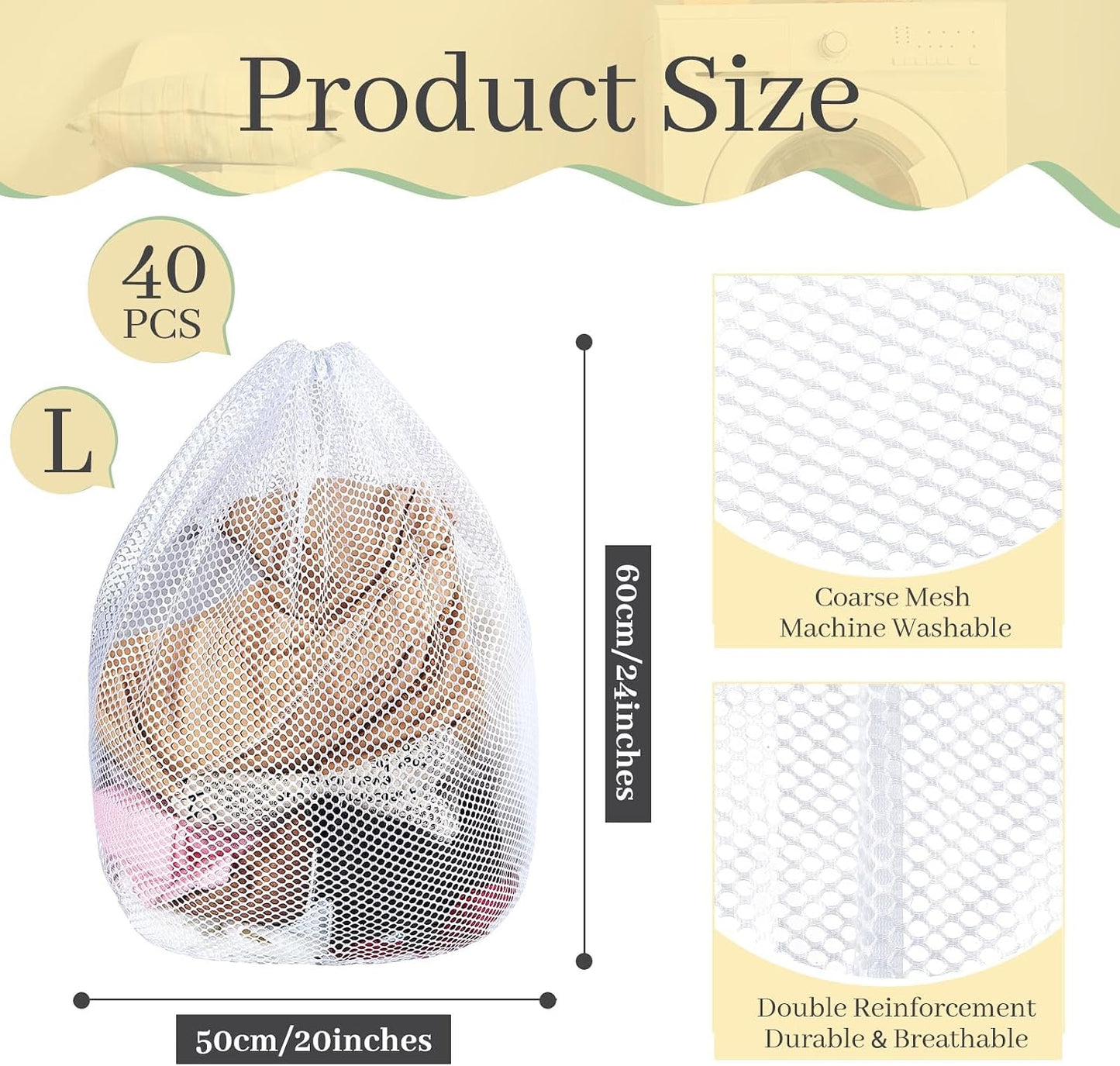 40 Bolsas Malla Lavandería 20x24" Resistente Blanca