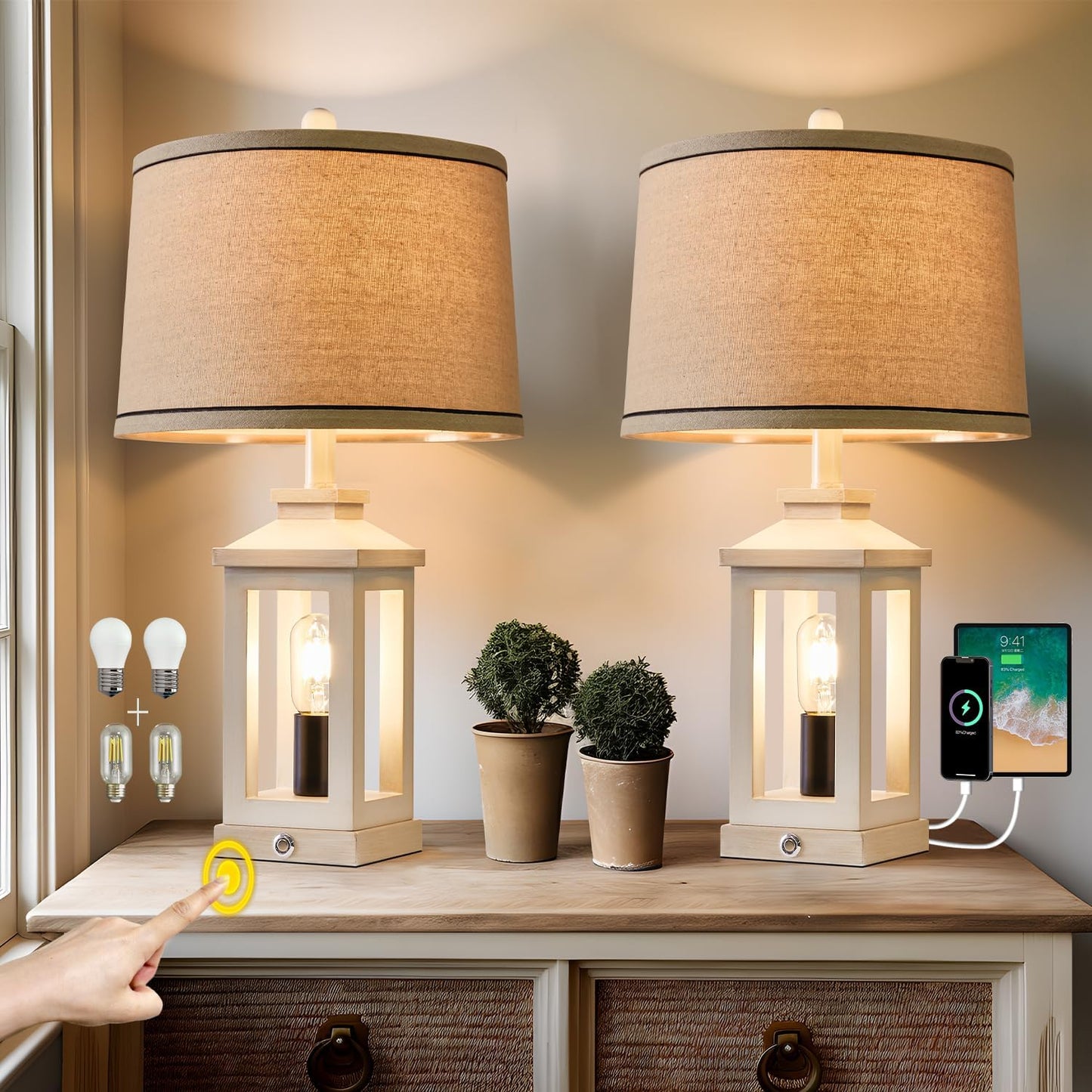 2 Lámparas Mesa 60cm USB Táctil 3 Niveles Luz Nocturna