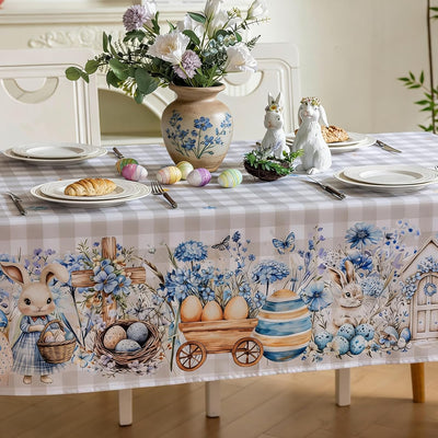 Mantel de Pascua a cuadros de búfalo con diseño de conejo y flores azules, lavable, 54 x 54 pulgadas