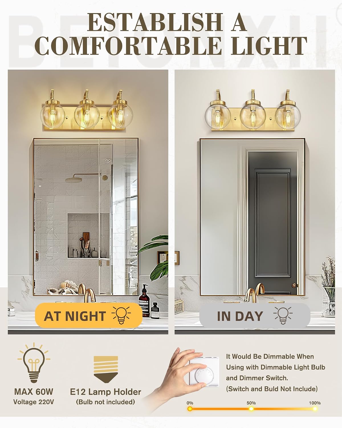 Lámpara tocador 3 luces color dorado vidrio transparente