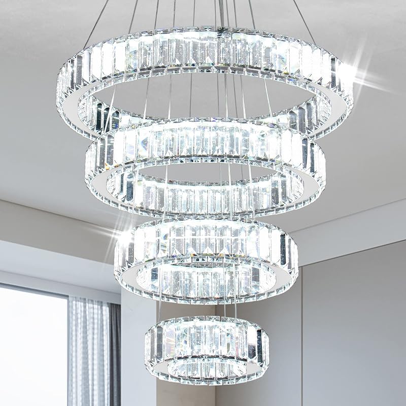 Candelabro LED de Cristal 4 Anillos para Comedor Dormitorio