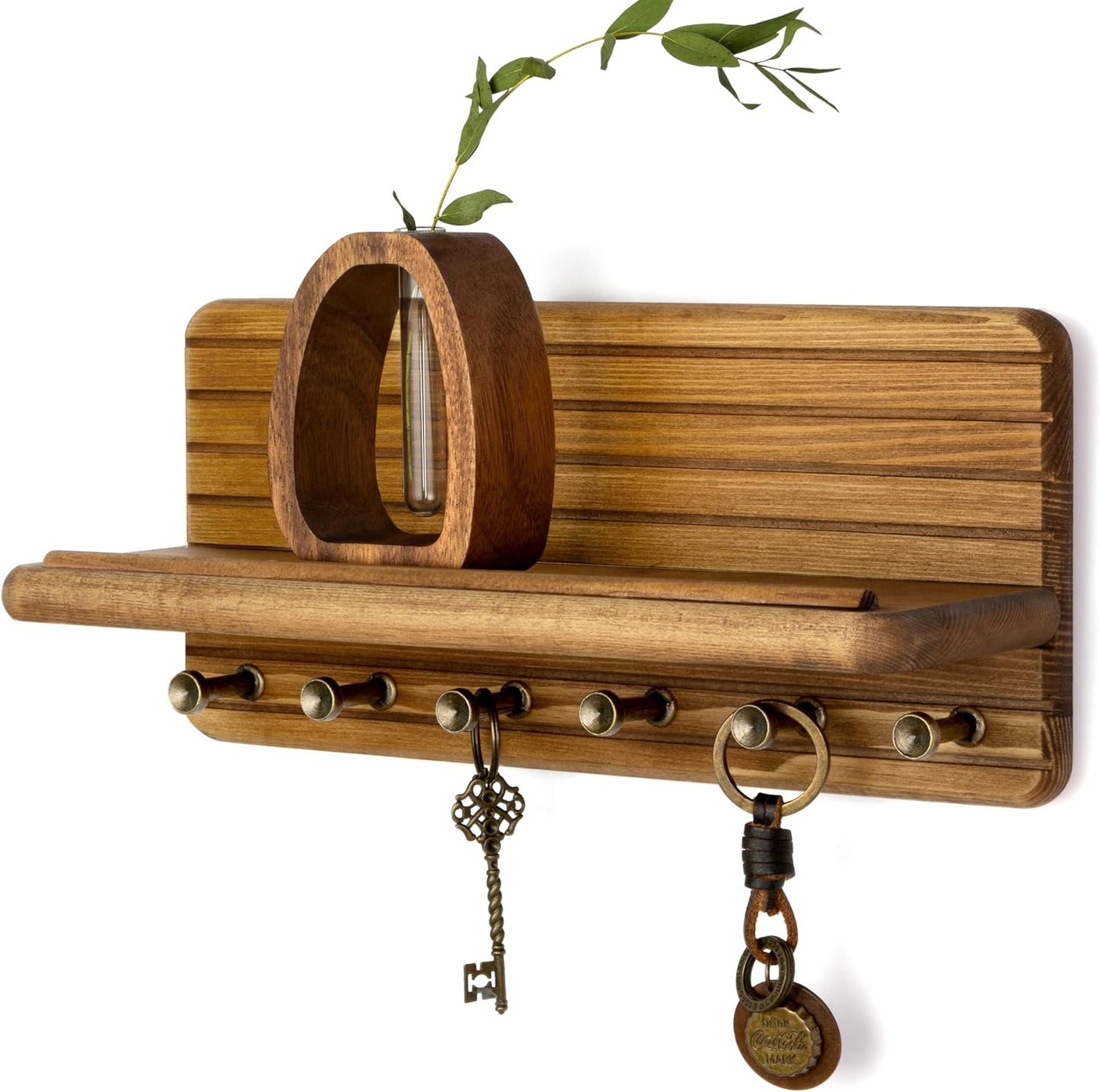 Soporte pared llaves madera pino 11" 6 ganchos marrón claro