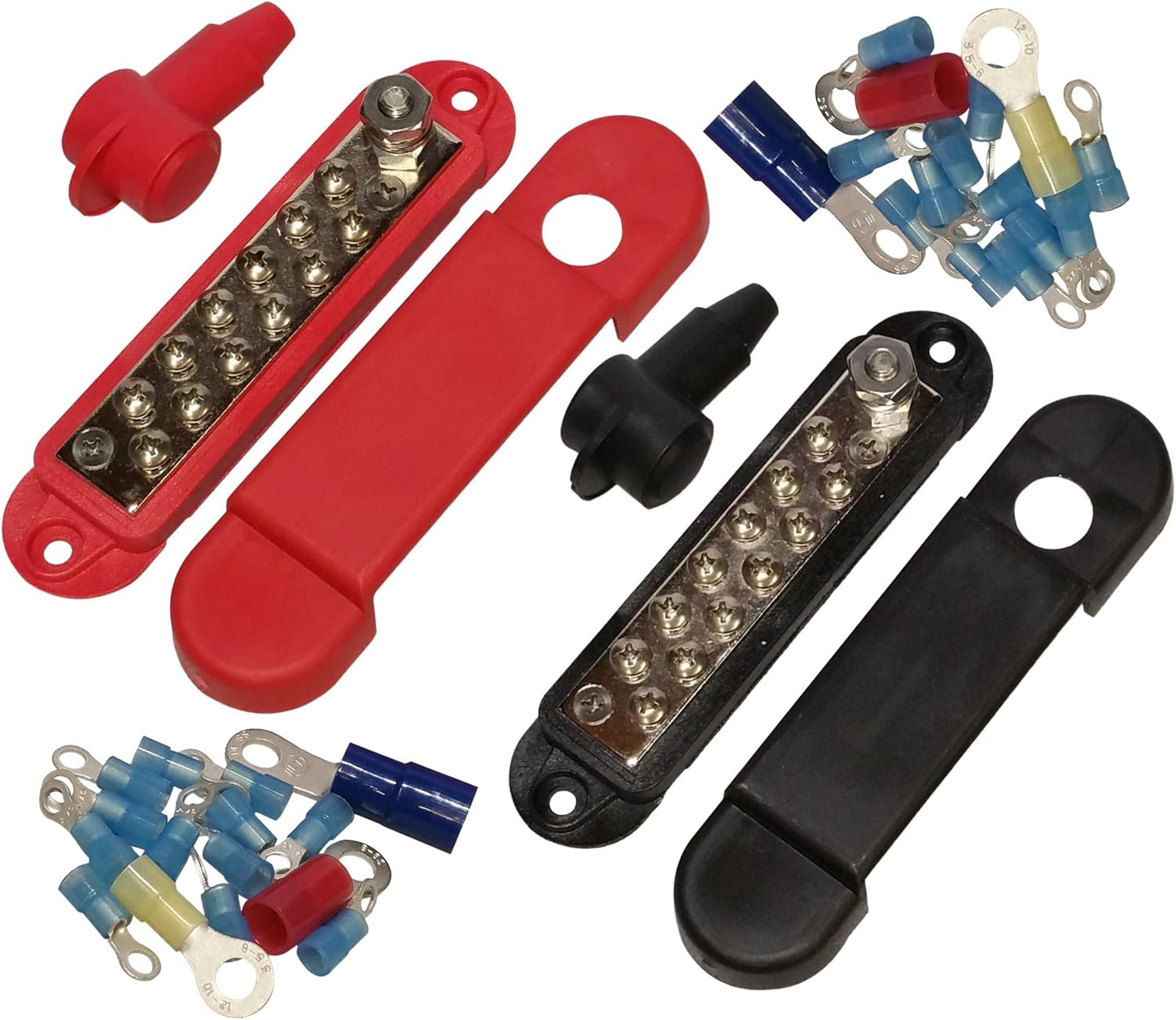 Bloque distribución 12 terminales anillo set 2 rojo negro