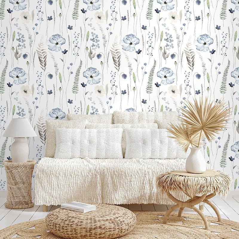 Papel tapiz floral azul 17.7x354" adhesivo extraíble
